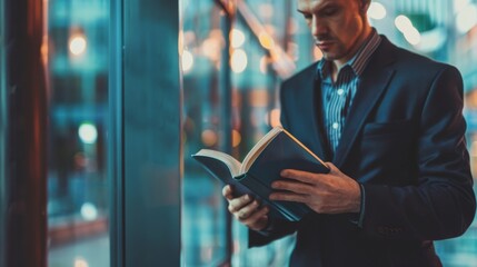 A well-dressed man in a sharp suit engrossed in a book stands by a large window in a modern urban setting, exuding sophistication and intellect.