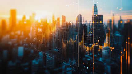 Fototapeta premium Abstract business team stands on the peak of success amid tall, innovative Smart city and graphs with statistics to analyze business potential and predict future developments in company growth.