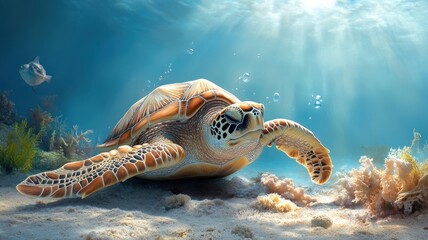 Obraz premium A turtle peacefully sleeping on the ocean floor, surrounded by gentle corals and seaweed.