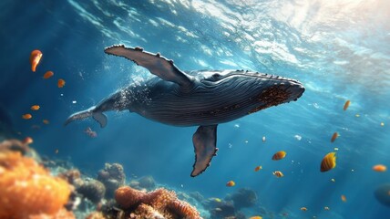 Obraz premium A whale singing passionately surrounded by marine life in an animated performance.