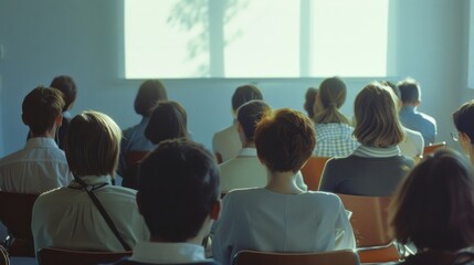 Obraz premium A bright classroom filled with attentive students, seen from the back, listening to a lecture that invites learning and intellectual growth.