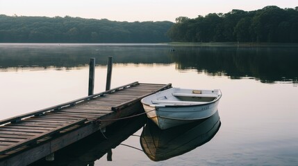 Obraz premium A serene lakeside scene at dawn, featuring a small rowboat tied to a wooden dock, reflecting the quiet beauty of nature.