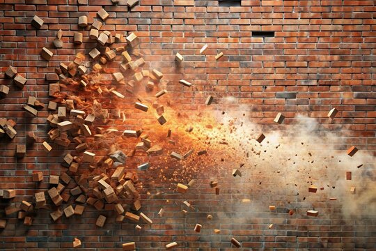 Brick wall explosion with debris and dust flying out