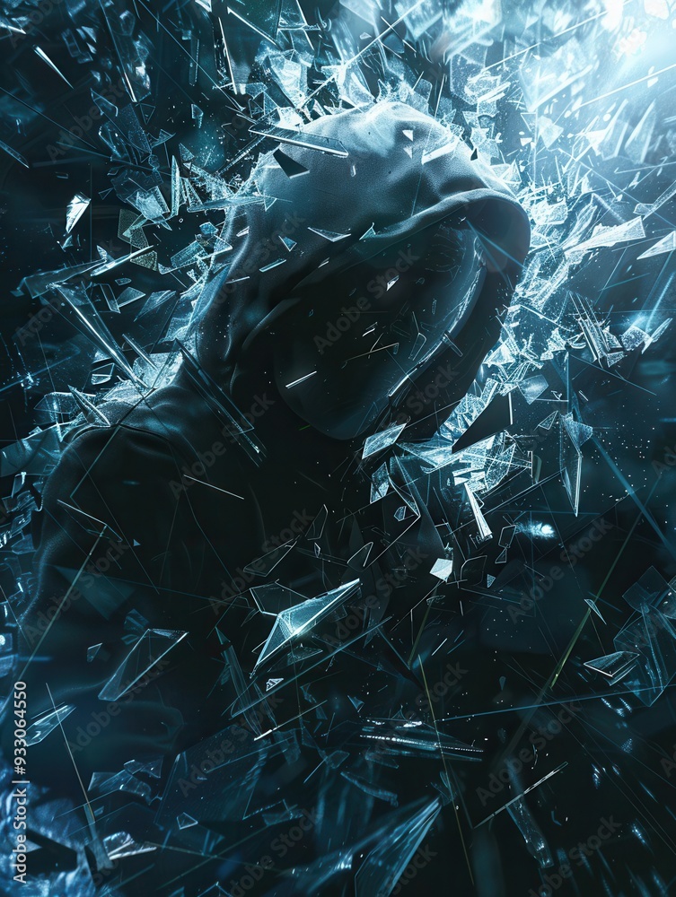 Aufkleber A hacker penetrates a digital firewall, causing fragments to scatter and creating a breach in cybersecurity protection layers. Generative AI