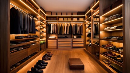 A stylish modern closet showcasing neatly arranged clothing and shoes with elegant lighting, perfect for organization enthusiasts.