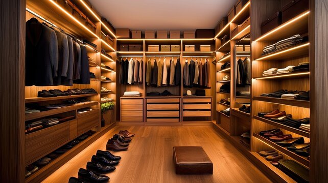 A stylish modern closet showcasing neatly arranged clothing and shoes with elegant lighting, perfect for organization enthusiasts.