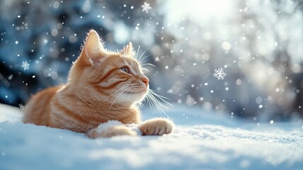 Endearing cat playing in a snowy landscape, with snowflakes gently falling on its fur and the winter environment providing a charming backdrop.