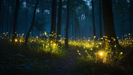 Fototapeta premium AI-Generated Photography of a Mystical Forest Lit by Fireflies