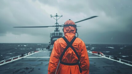 Obraz premium A person in an orange suit stands on a helicopter deck amid a stormy sea, facing the intense elements with determination and readiness.