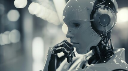 Fototapeta premium A close-up, contemplative robot with a sleek design in a futuristic setting, embodying advanced artificial intelligence.