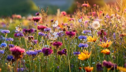 A close-up of vibrant wildflowers in a meadow.