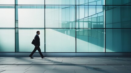 A solitary figure in a suit walks along a modern glass building, the sharp lines and reflections adding depth to the urban scene.