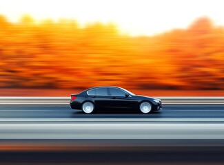 The car is driving on the road in an autumn forest, with a blurred background