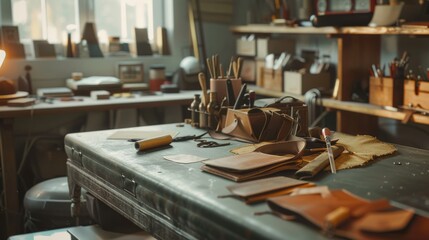 A serene, cluttered workshop table filled with leatherworking tools and materials, evoking a sense of craftsmanship and artisanal dedication.