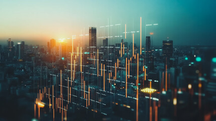 Fototapeta premium Abstract business team stands on the peak of success amid tall, innovative Smart city and graphs with statistics to analyze business potential and predict future developments in company growth.