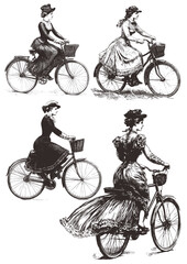 Obraz premium Cycling old fashioned woman engraving