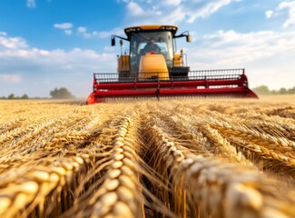 Obraz premium a harvest machine working on it and a blue sky background