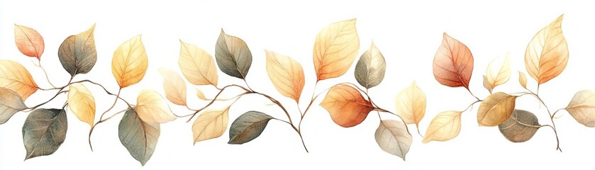 Watercolor leaf border, organic shapes, intertwined leaves, soft gradients, elegant and balanced, natural tones, Watercolor style, lsolated on white background