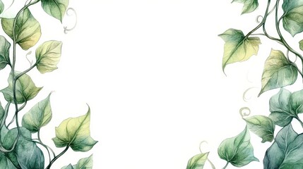 Fototapeta premium Watercolor leaf border, delicate vines, intertwined leaves, soft green hues, framing effect, balanced symmetry, Watercolor style