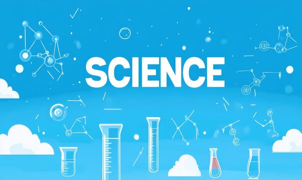Science background with laboratory equipment and molecular structures on blue sky background