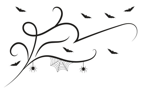 
set of Halloween Bats flourish swirls, hand-drawn fancy lines Calligraphy Ornament vine scroll decorative elements, black and white filigree curls, page decor wedding ornate holiday design element
