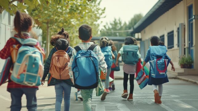 Children with backpacks walk towards a school building, embodying the excitement and camaraderie of a new school day.