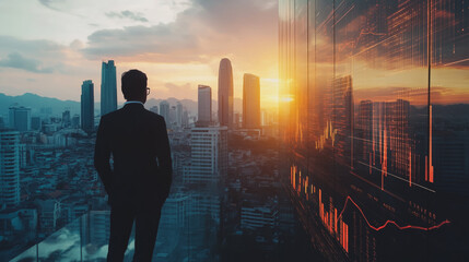 Fototapeta premium Abstract business man stands on the peak of success amid tall, innovative Smart city and graphs with statistics to analyze business potential and predict future developments in company growth.