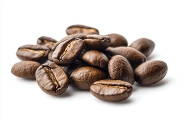 Naklejka premium Coffee beans heap isolated on a white surface detailed close-up shot