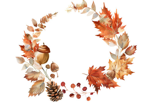 watercolor autumn wreath with leaves and acorns clip art preview