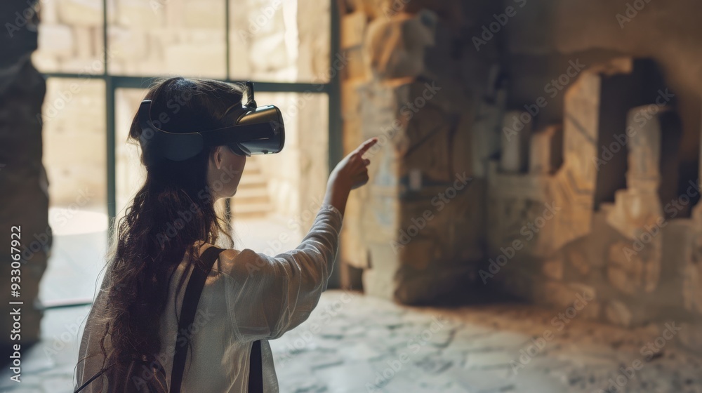 Wall mural A person with virtual reality goggles exploring an ancient, ruin-filled corridor, merging modern technology with historical exploration.