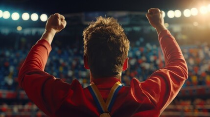 An athlete triumphantly raises their arms, adorned with a medal, celebrating victory in a stadium lit with vibrant lights and an enthusiastic crowd.