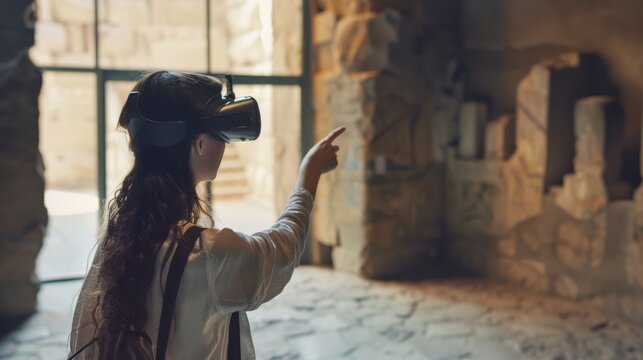 A person with virtual reality goggles exploring an ancient, ruin-filled corridor, merging modern technology with historical exploration.