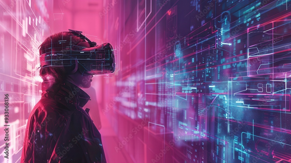 Aufkleber A hacker uses a VR headset to navigate a vibrant virtual world with floating digital locks and intricate codes, immersed in an advanced digital landscape. Generative AI
