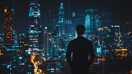 Abstract business man stands on the peak of success amid tall, innovative Smart city and graphs with statistics to analyze business potential and predict future developments in company growth.