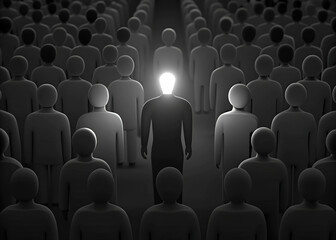 One man glowing among other people in dark condition, Leadership concept people standing in line