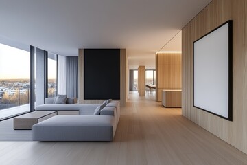 White blank wall with black frame mockup, interior design of a modern living