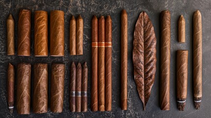 Assortment of cigars arranged neatly on a textured dark surface next to a tobacco leaf, highlighting their varied shades and sizes.