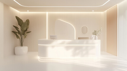 白・ベージュの光が差すカウンター受付