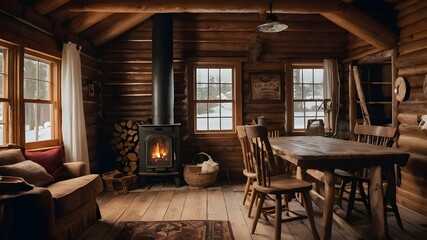 A cozy and rustic cabin interior, complete with a crackling fireplace and warm, earthy tones.