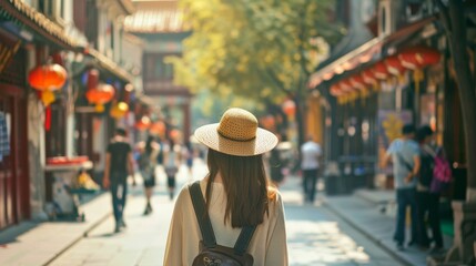 An individual walking down a bustling, charming street market adorned with red lanterns, capturing the essence of cultural exploration and vibrancy.
