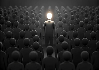 Fototapeta premium One man glowing among other people in dark condition, Leadership concept people standing in line