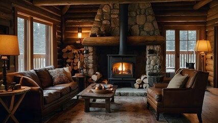 A cozy and rustic cabin interior, complete with a crackling fireplace and warm, earthy tones.