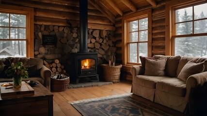 A cozy and rustic cabin interior, complete with a crackling fireplace and warm, earthy tones.