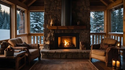 A cozy and rustic cabin interior, complete with a crackling fireplace and warm, earthy tones.