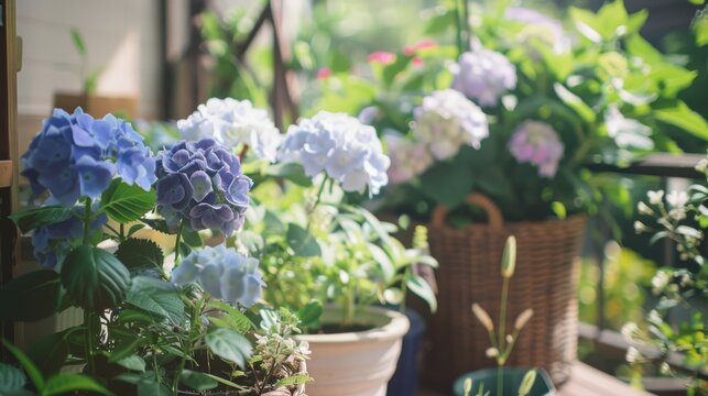 Vibrant hydrangea blooms in various colors adorning a rustic balcony, creating a lush, inviting outdoor space filled with natural beauty.
