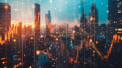 Fototapeta premium Abstract business team stands on the peak of success amid tall, innovative Smart city and graphs with statistics to analyze business potential and predict future developments in company growth.