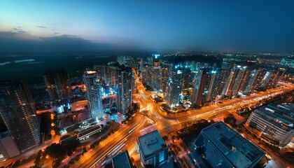 An aerial view of an illuminated urban night scene.