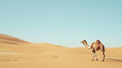 A camel stands alone amidst the endless, sunlit dunes of an expansive desert, under the clear blue sky, depicting the vastness and beauty of nature.