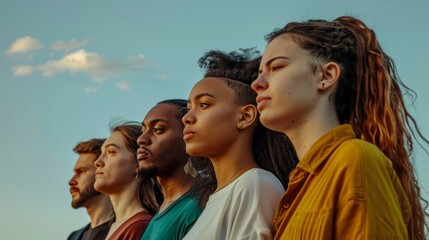 Naklejka premium An inspiring shot of a diverse group of young adults gazing determinedly into the distance under a vivid blue sky.