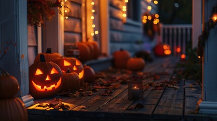 Obraz premium A warmly lit porch adorned with glowing Jack-o'-lanterns, capturing the festive spirit of Halloween.